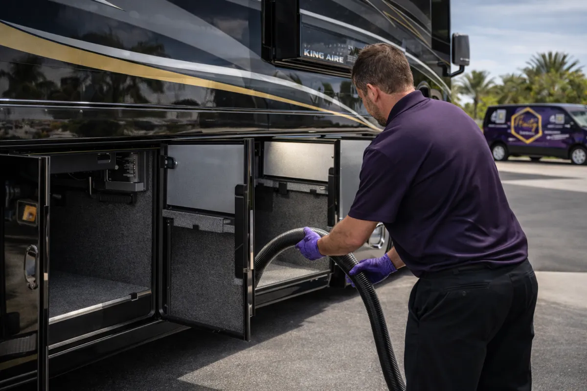 RV deluxe exterior wash Las Vegas — compartment cleaning and roof