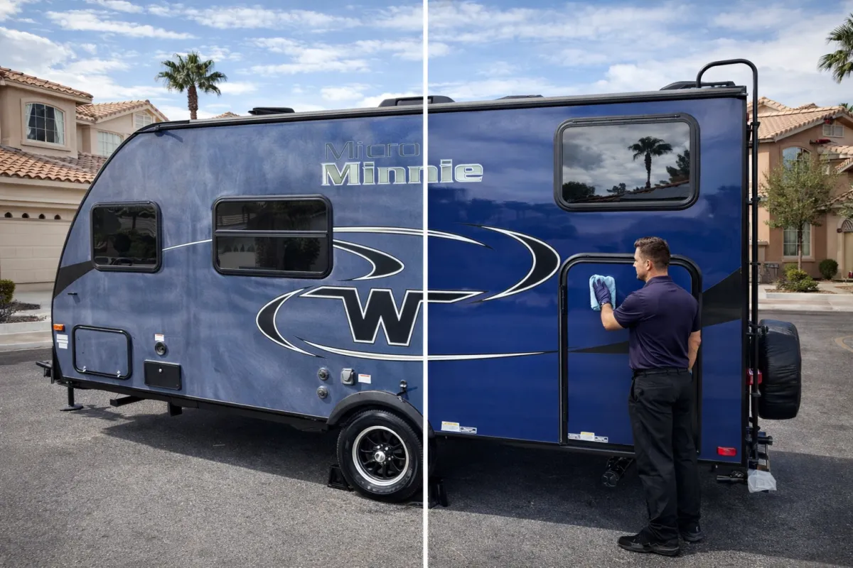 RV Shine Restoration before and after — Micro Minnie travel trailer Las Vegas