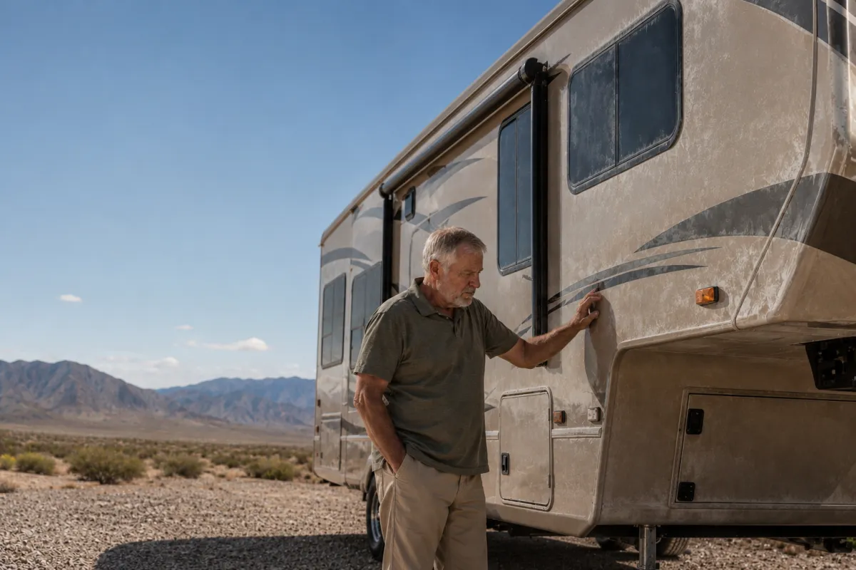An RV parked at sunset in the Nevada desert
