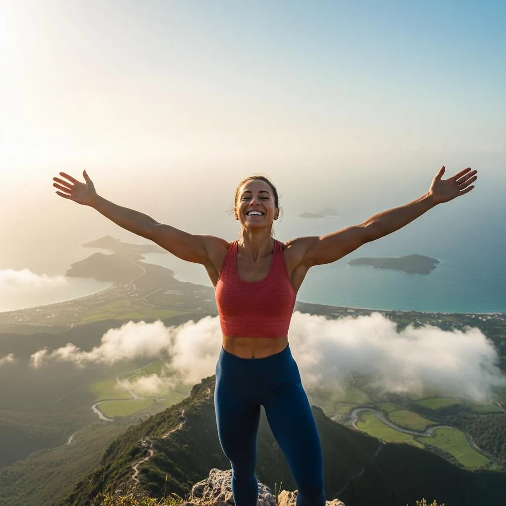 woman stretching on mountain top during sunrise