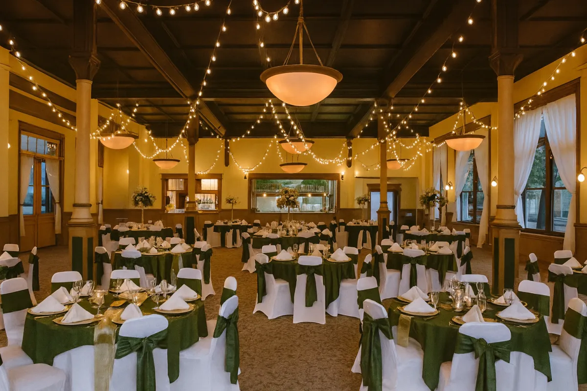 Luxury wedding reception setup in Pueblo and Colorado Springs with elegant tables, string lights, and upscale décor perfect venue setting for Martini Moment Photo Booths.