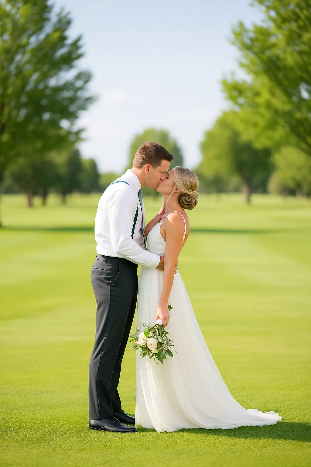 Outdoor bride and groom kissing on lush golf course in Pueblo and Colorado Springs upscale wedding.