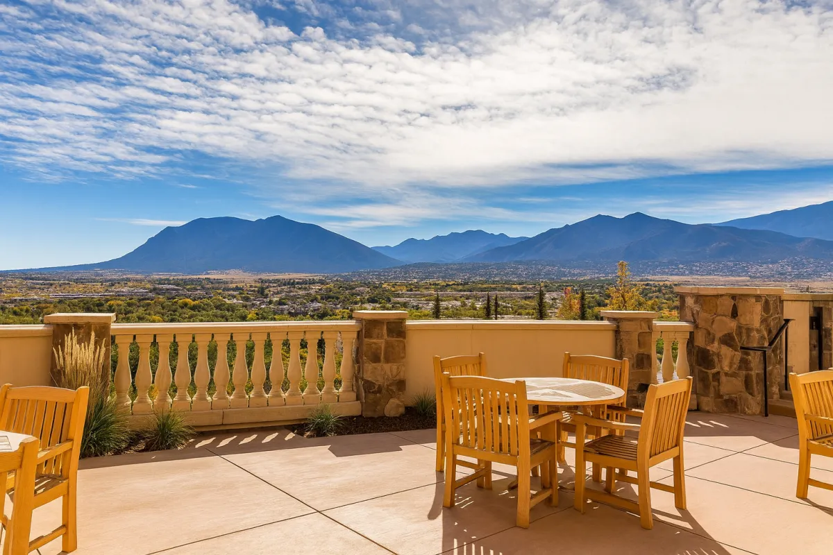 Luxury Colorado Springs wedding venue with mountain views from The Pinery at the Hill terrace.