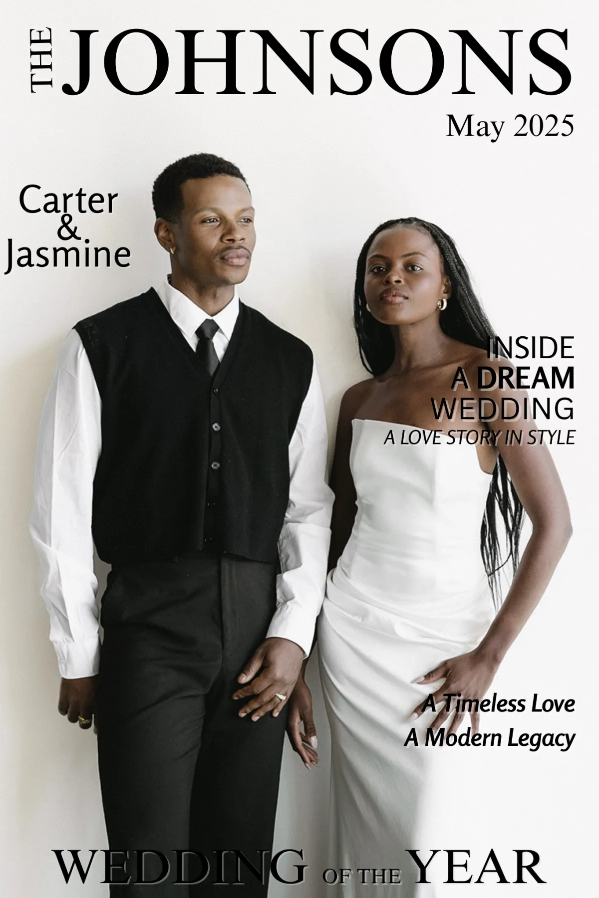 bride and groom posing for a magazine style photo booth in an elegant wedding ceremony in colorado springs