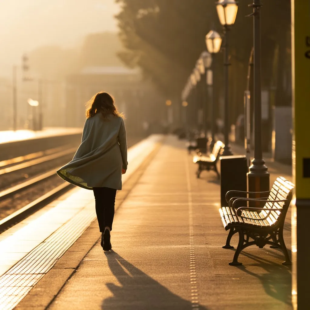 Woman walking on a path away from the camera, lined with trees and a bench