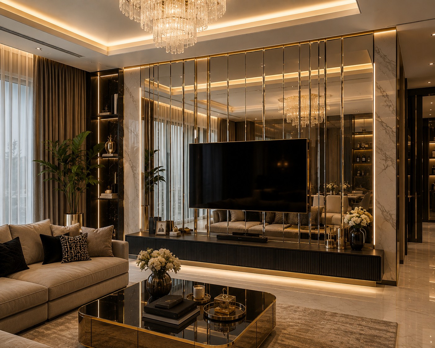 Luxury living room featuring decorative mirror finish wall panels