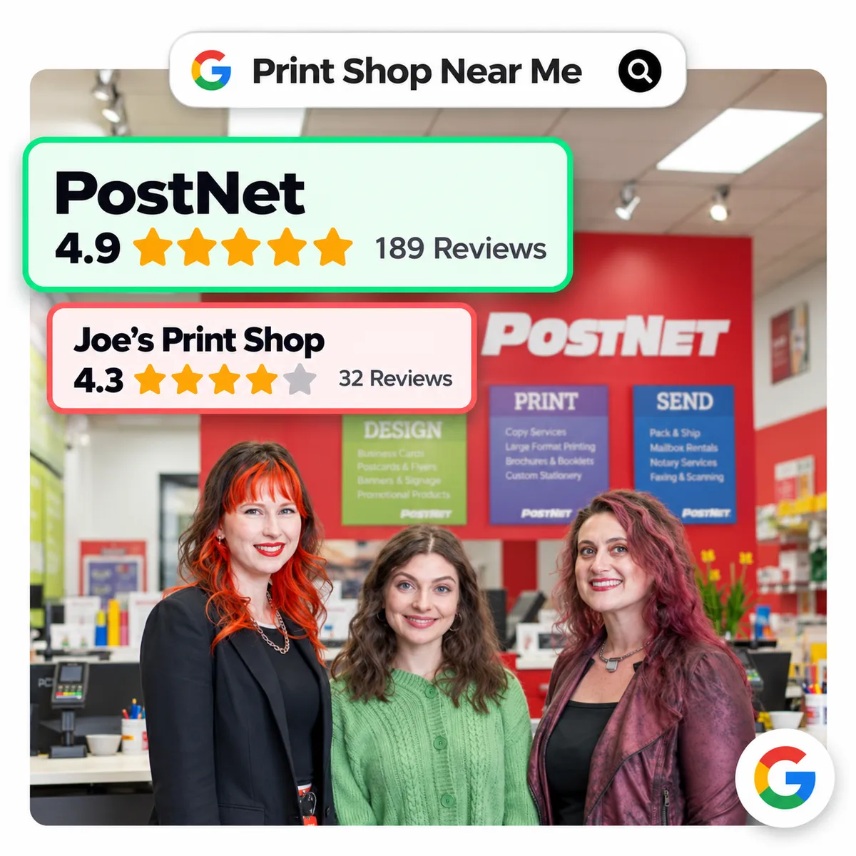 PostNet compared with a local print shop in Google search results