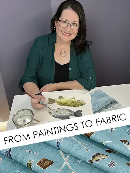 artist Tara Reed painting fish in watercolor and her Wake at the Lake fabric collection