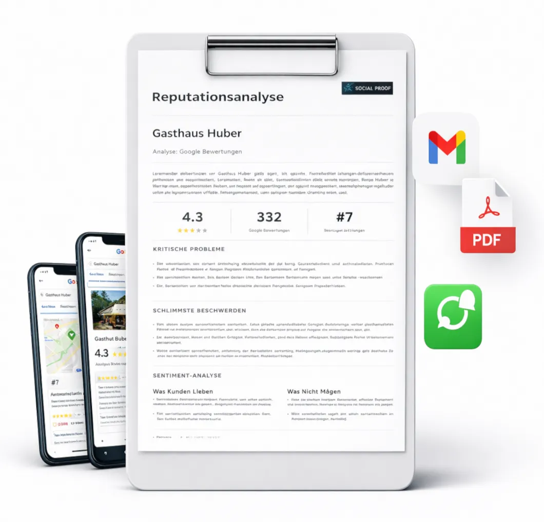 Reputationsreport auf einem Clipboard und als PDF als Email versendet