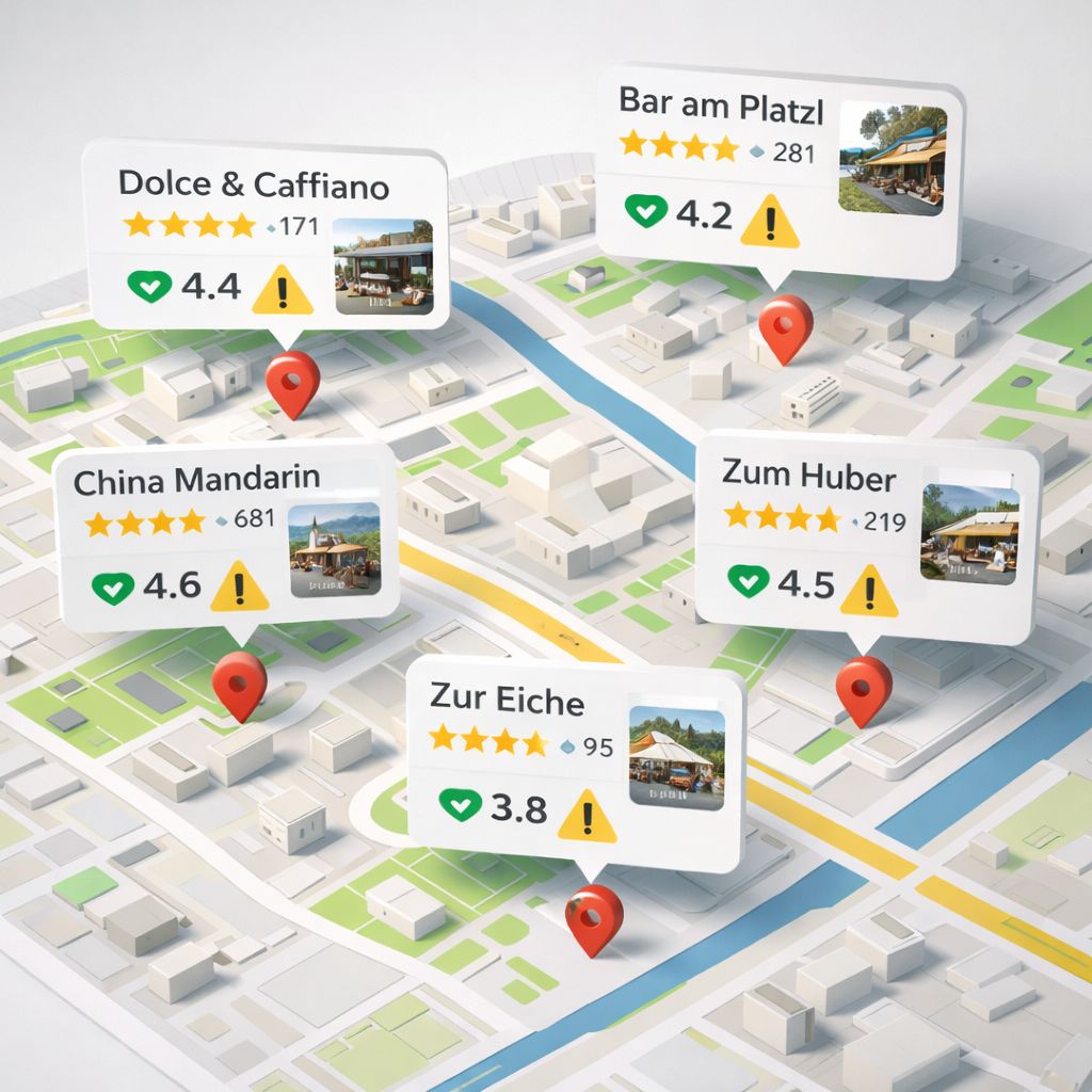 Karte einer Stadt die mehrere Restaurants und deren Bewertung zeigt