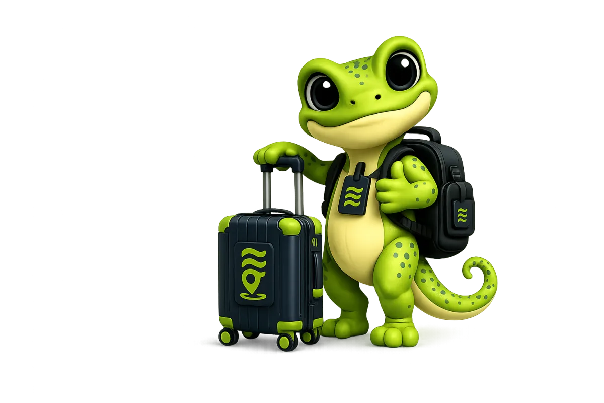 Render 3D de maleta BuddBaggy con tag inteligente y mascota ranita