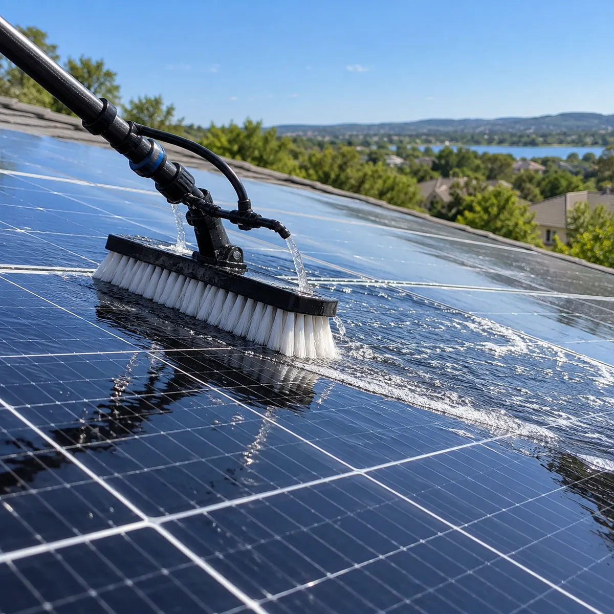 AI illustration of solar panel cleaning with a soft water fed brush