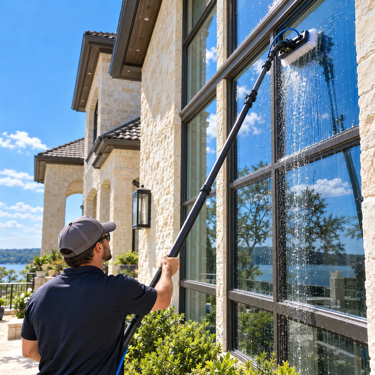 AI illustration of exterior window cleaning with a water fed pole