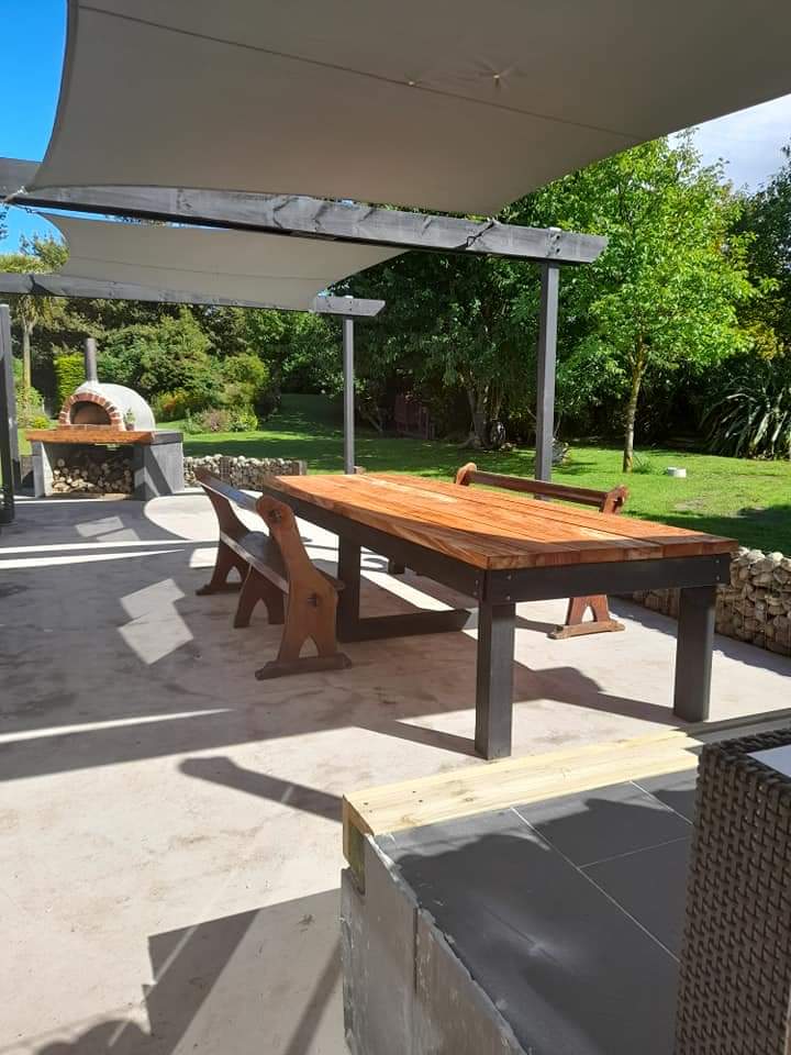 Covered outdoor patio and timber dining area built by Opuke Small Builds in Methven