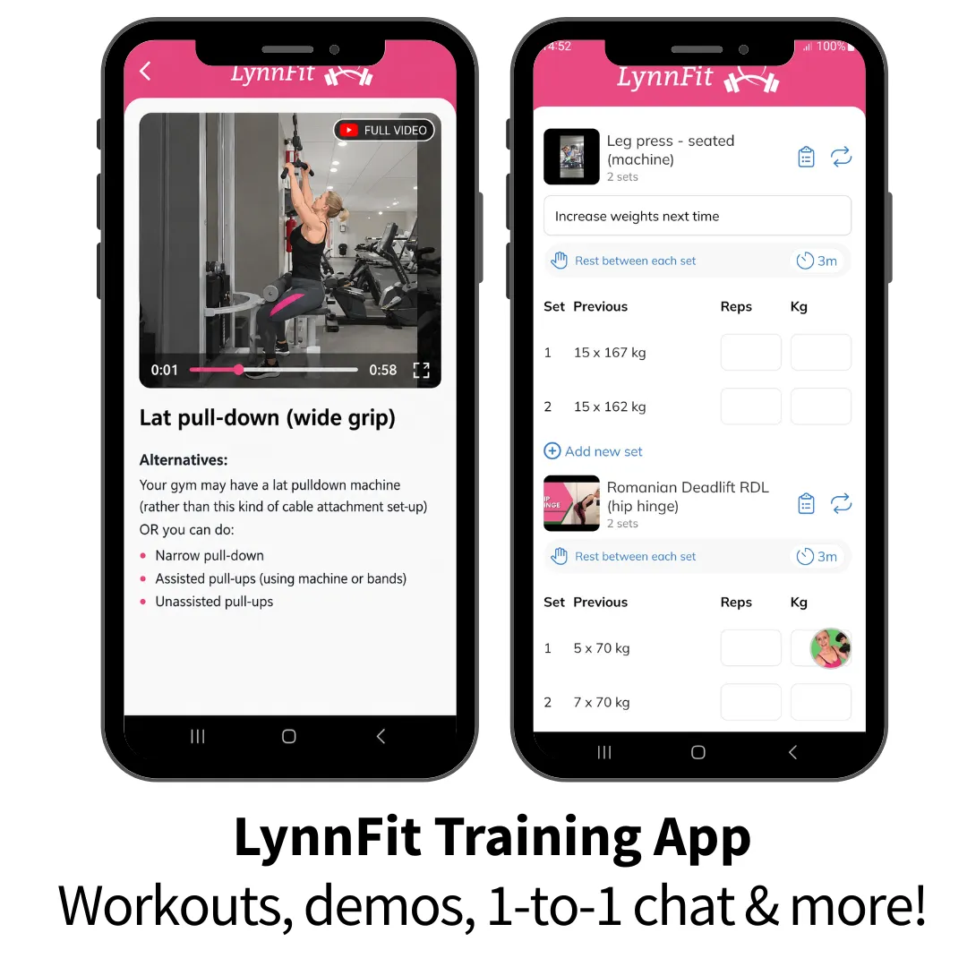 LynnFit training app with your workouts, exercise demo videos, 1-to-1 chat with coach Lynn and more!