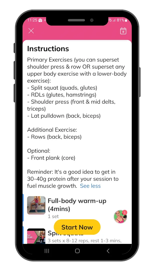 Strength training program screenshot instructions