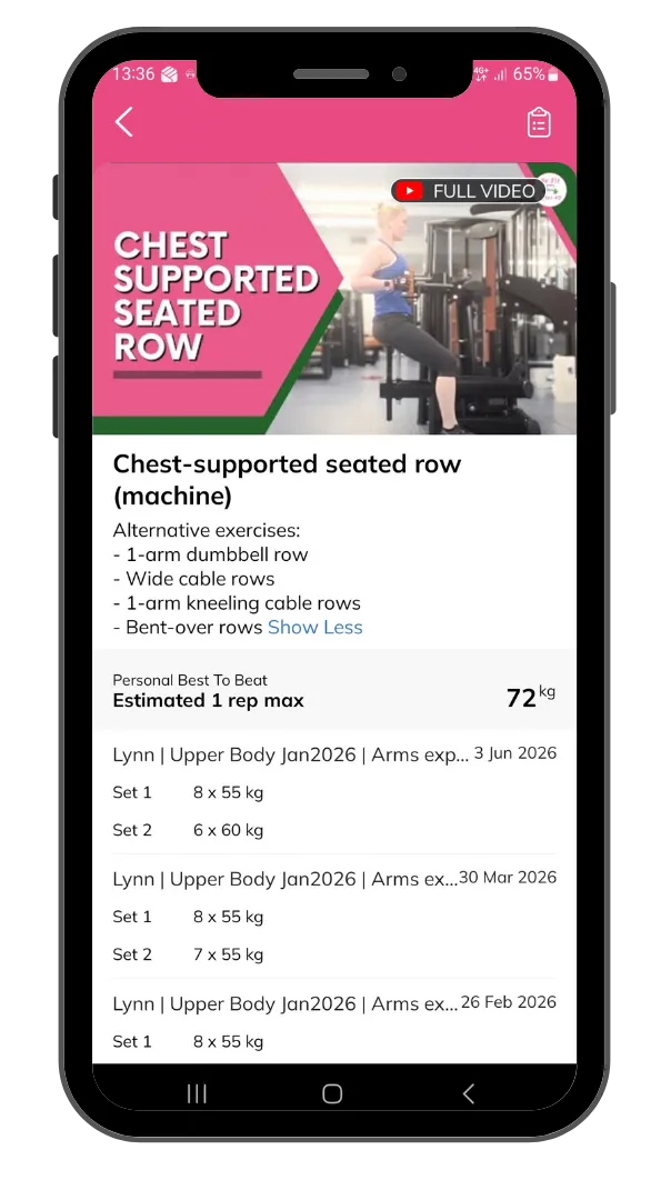 Alternative exercises and your training history LynnFit app screenshot