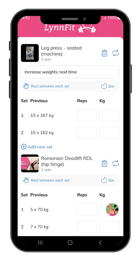 Track your strength training sessions. LynnFit app screenshot