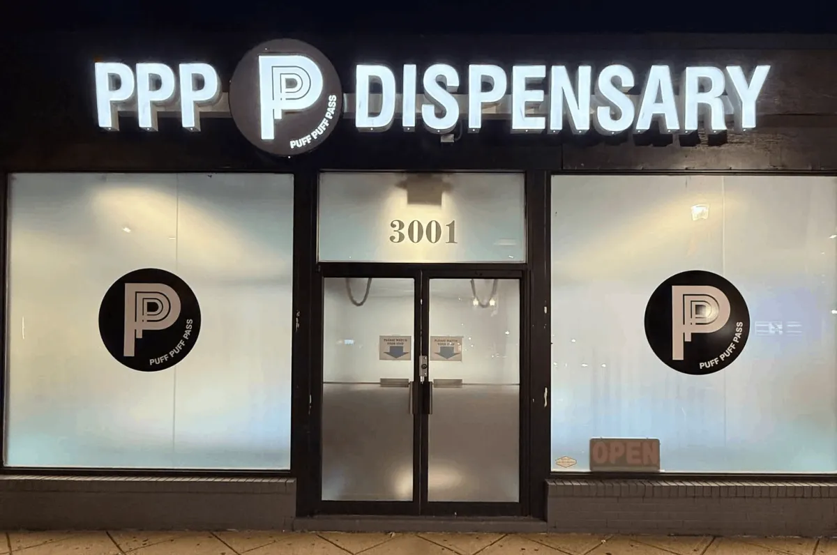 A bright, welcoming dispensary interior with lush green plants, wood accents, and a diverse group of adults browsing cannabis products. The scene is lively, with natural light streaming in, and staff members smiling as they assist customers. The overall mood is friendly and inviting, emphasizing comfort and approachability.