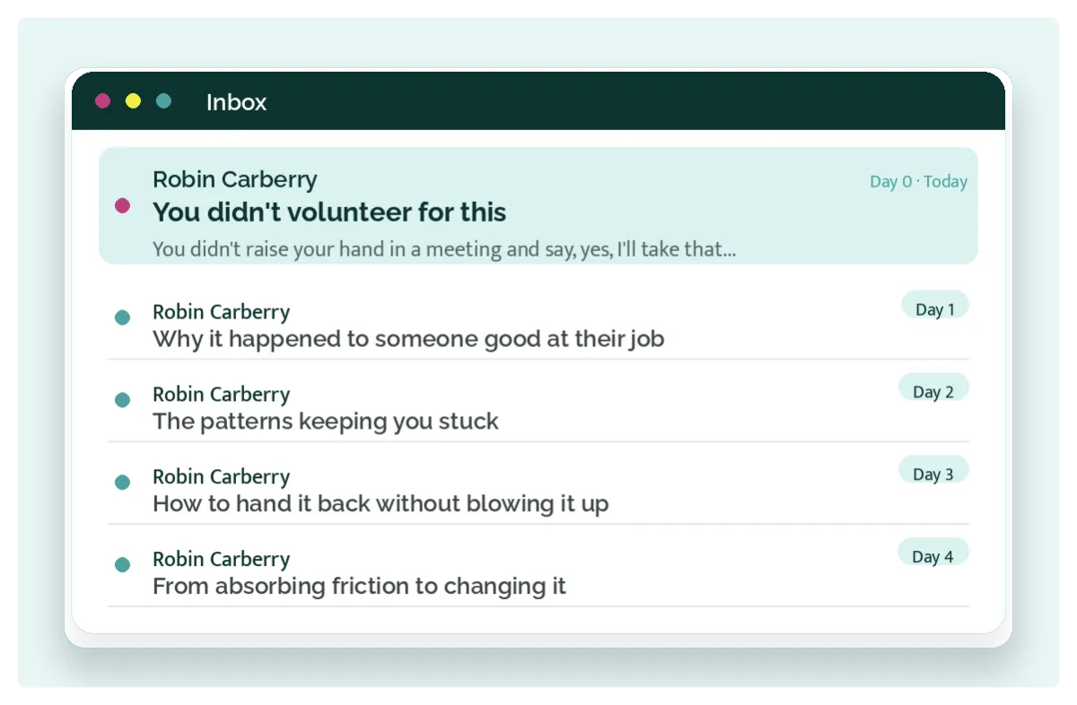Robin Carberry 5-Day Workaround Course email sequence preview, Day 0 through Day 4