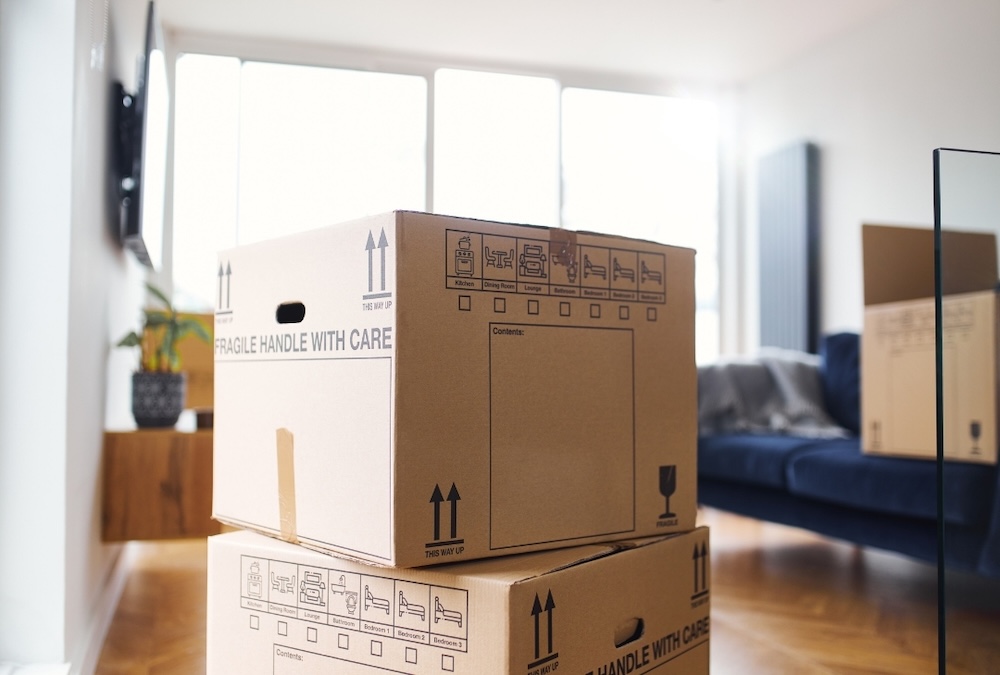 moving out boxes in the living room