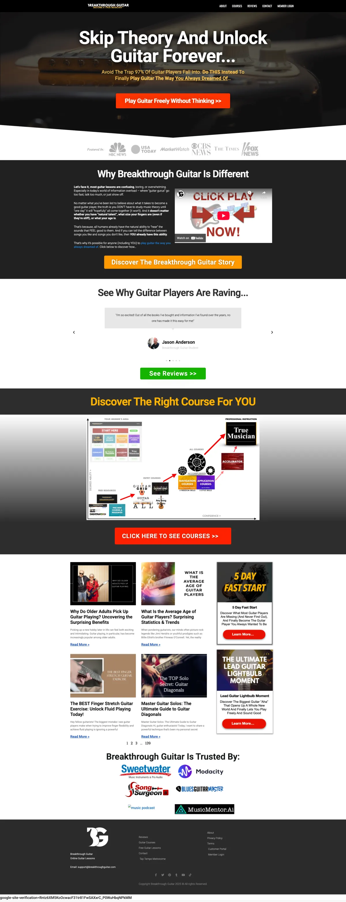Breakthrough Guitar website — direct-response course funnel