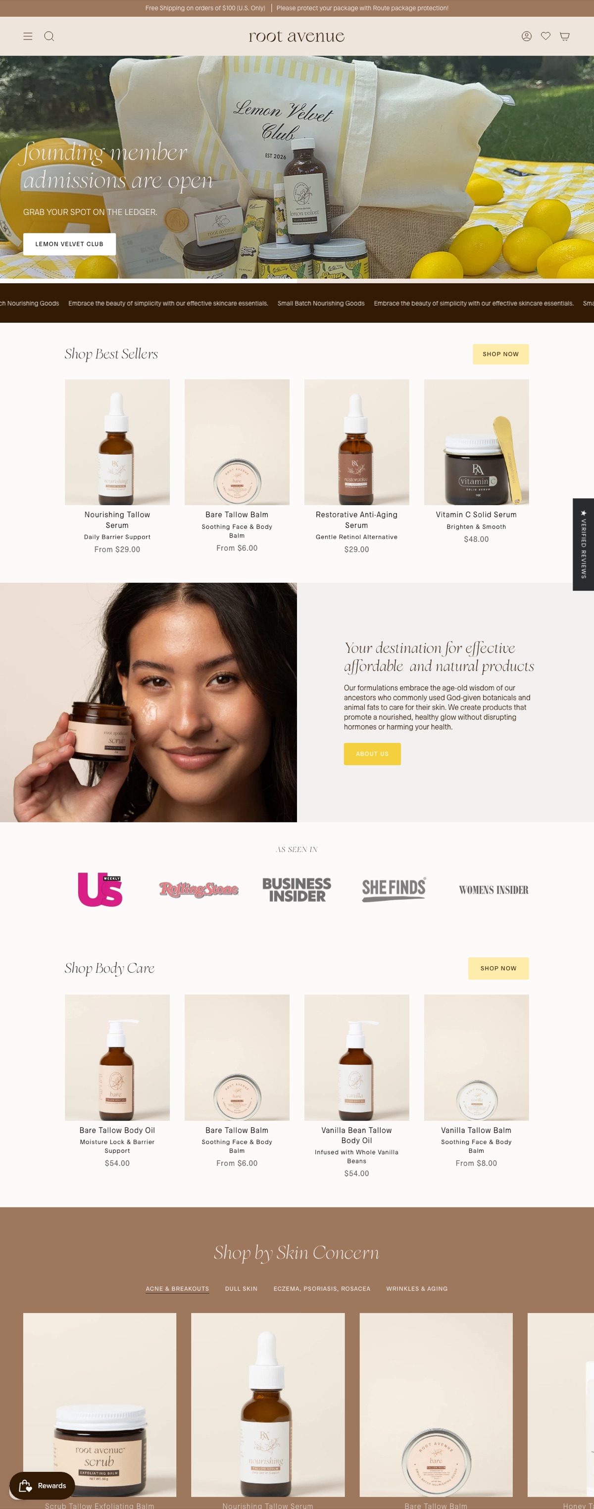 Root Avenue website — natural tallow skincare storefront