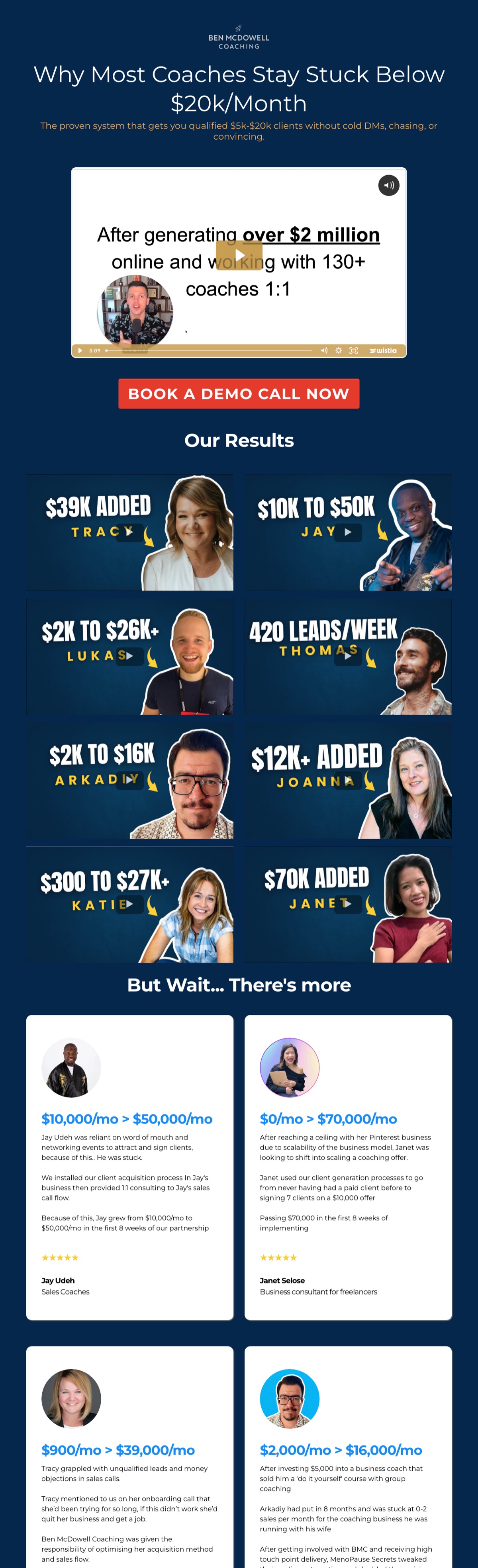 Ben McDowell Coaching VSL page with client results