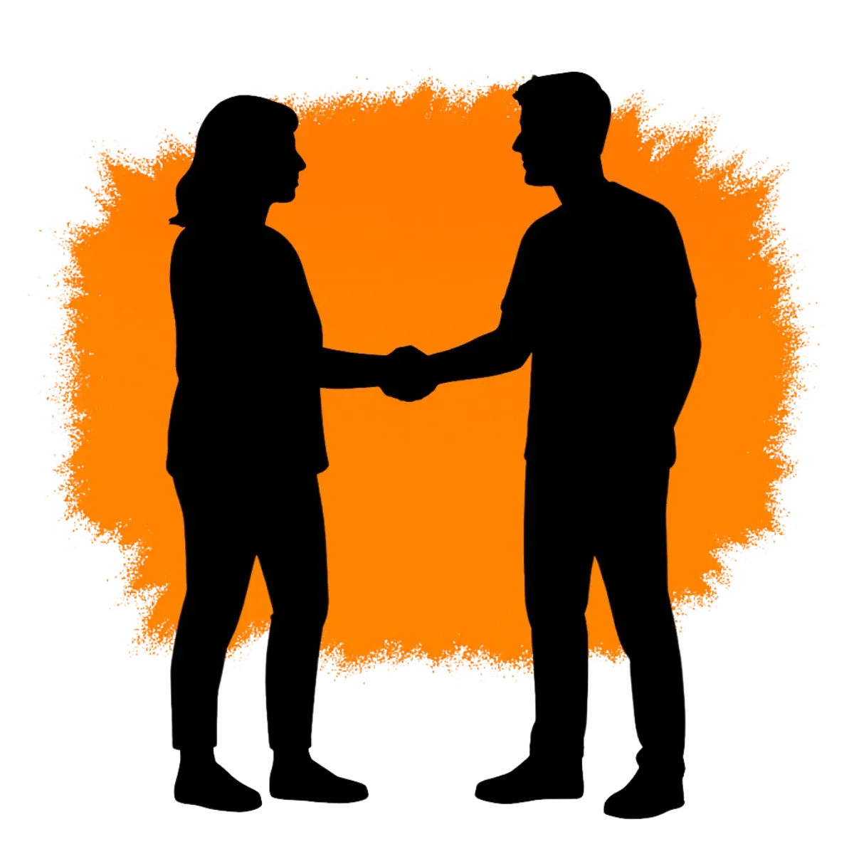 Silhouettes of a man and woman shaking hands against an orange background, symbolizing trust and agreement in the home selling process.
