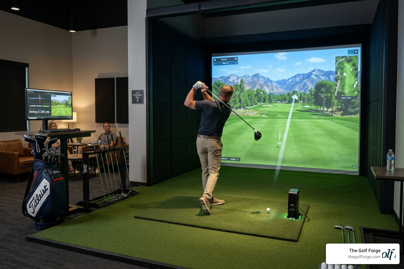 Golf simulator South Jordan indoor bay with launch monitor and screen