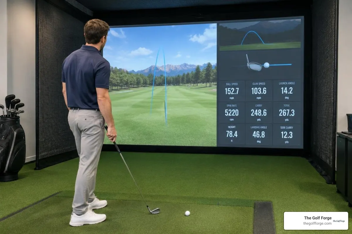 Golfer reviewing Foresight launch monitor analytics on screen