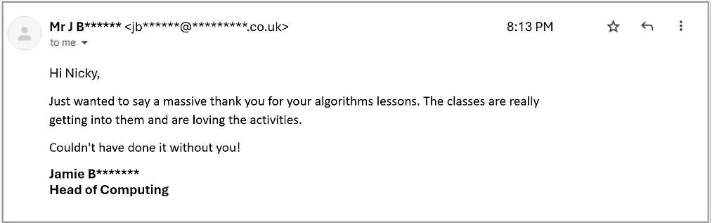 Jamie email who enjoyed Algorithms lessons