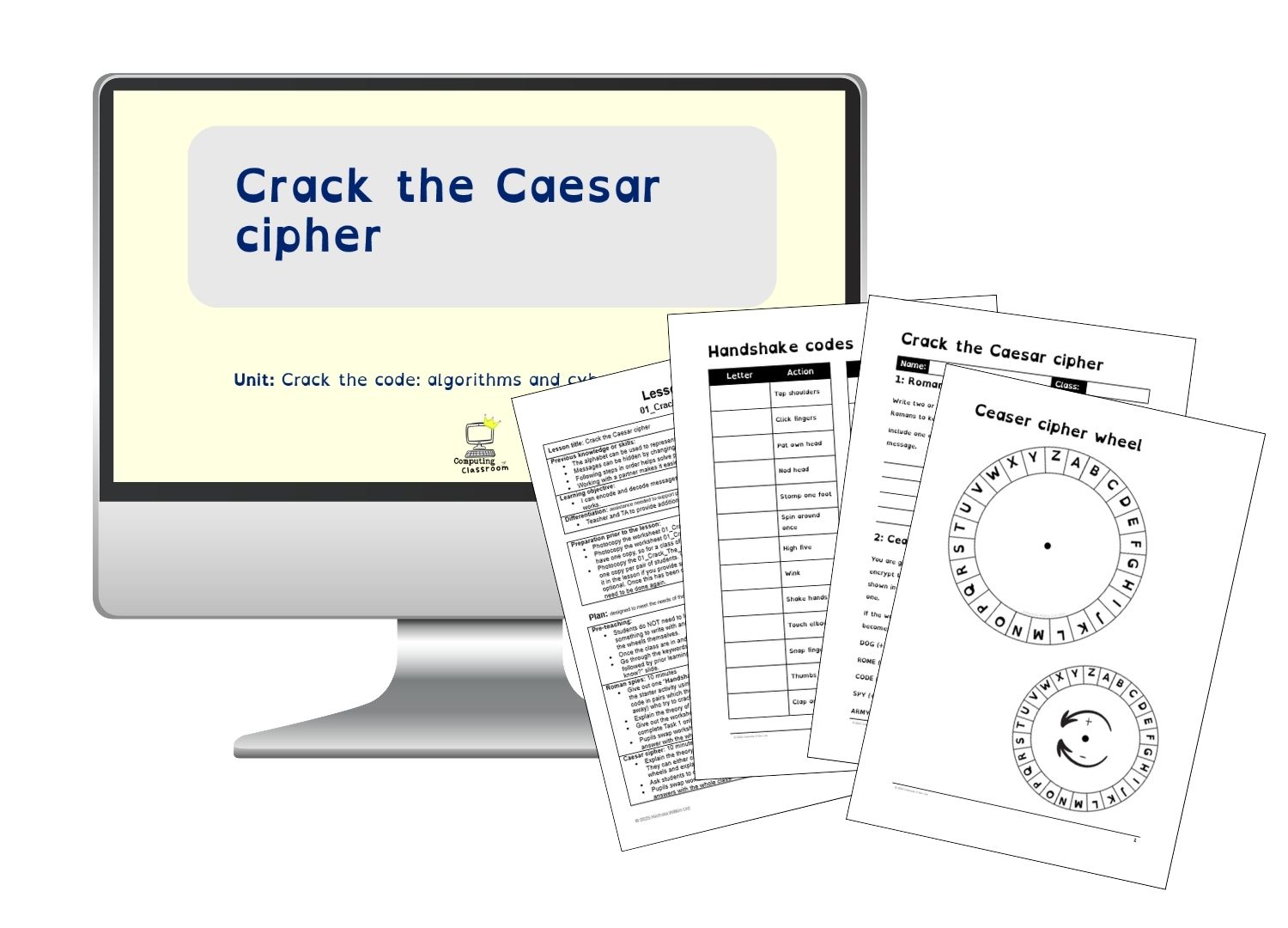 The Crack the Caesar cipher lesson with presentation slides and printable activities on encoding and decoding secret messages