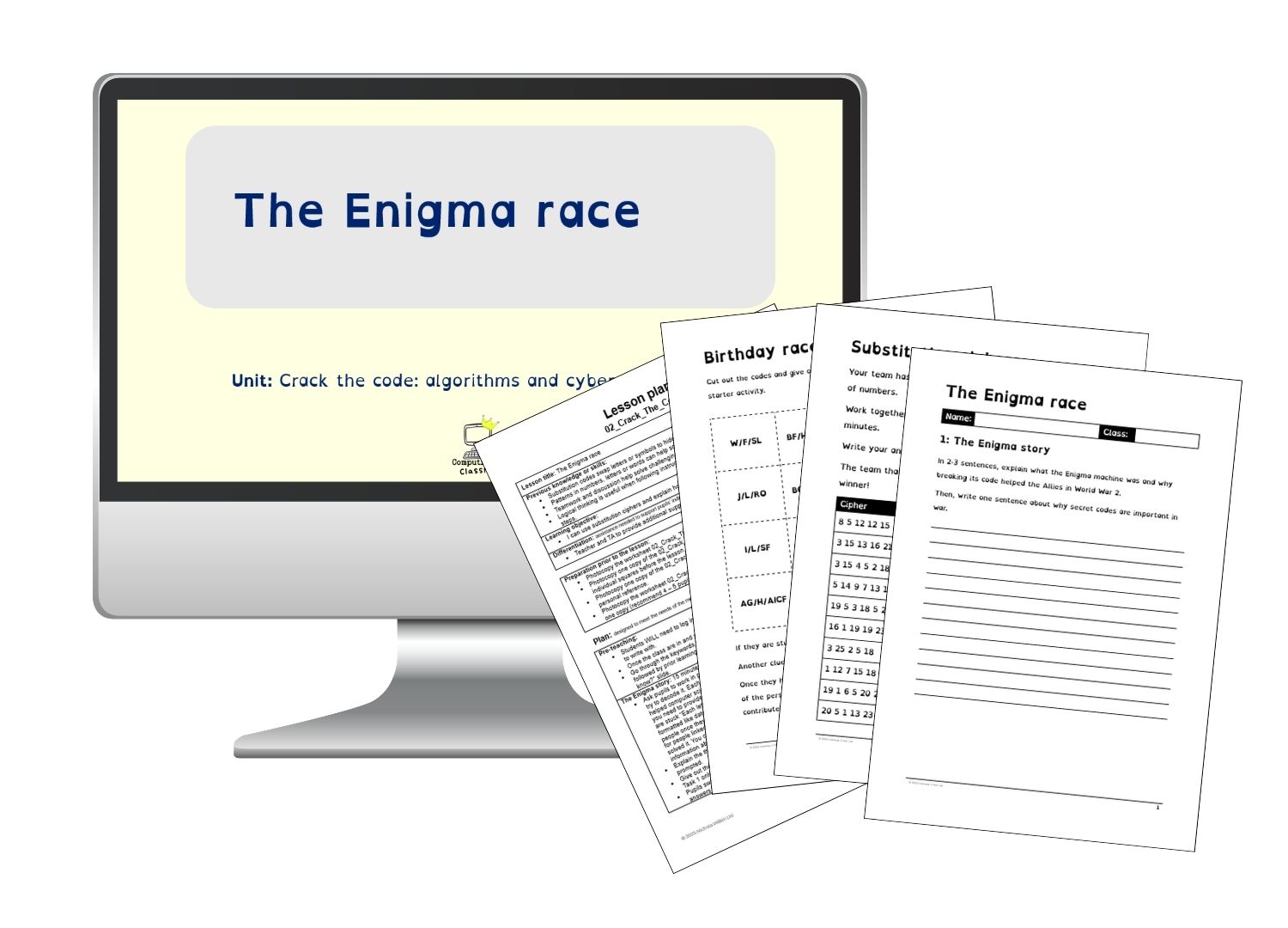 The Enigma race lesson with presentation slides and printable activities on substitution ciphers, algorithms and codebreaking