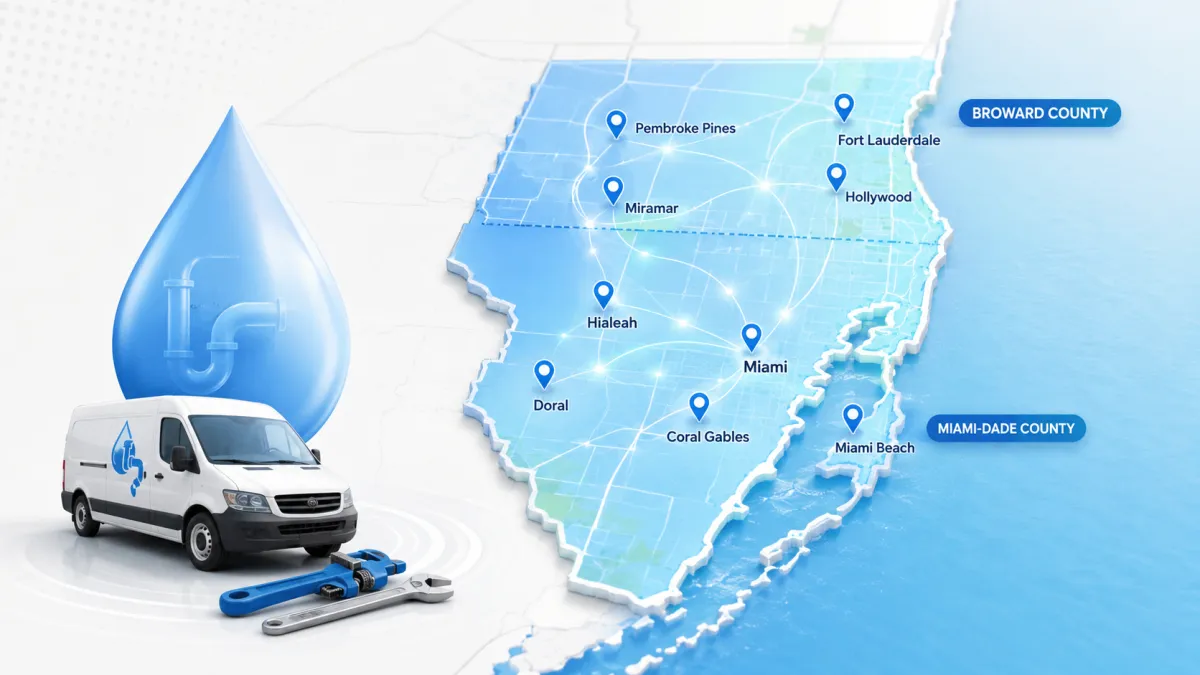 Map highlighting Fern Plumbing's service area in Miami-Dade and Broward counties