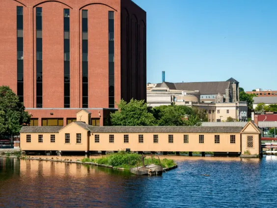 Rooftop deck in downtown Lowell with railings