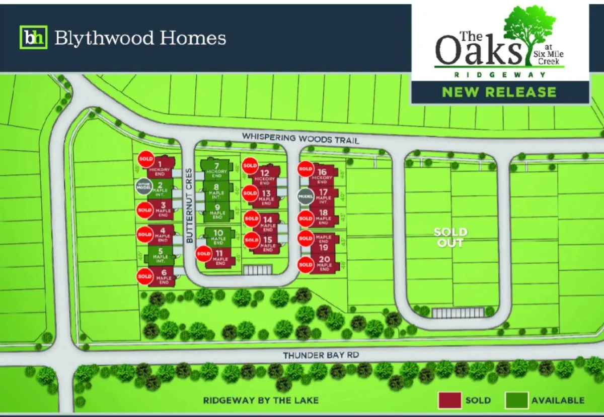 Site map of The Oaks at Six Mile Creek showing sold and available lots along Whispering Woods Trail and Thunder Bay Road