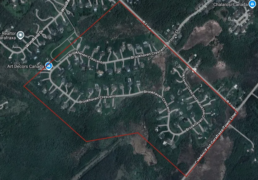 Aerial Image of the Brookhaven Neighbourhood in East Garafraxa outlined in red