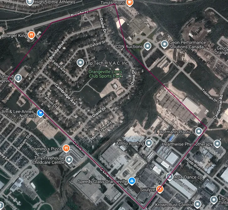 Aerial image of the Brown's Farm neighbourhood in Orangeville outlined in red