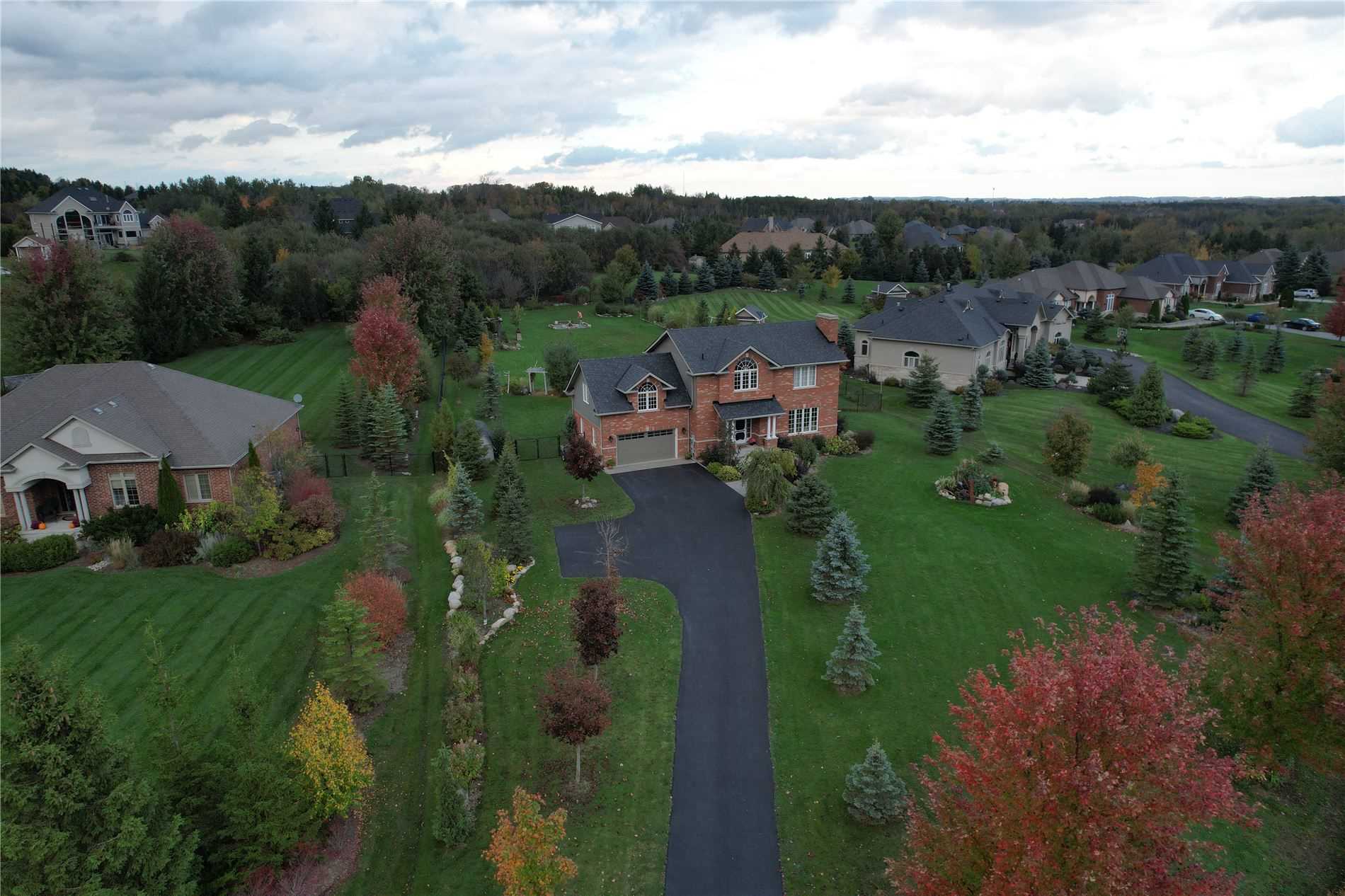 Drone image of homes in Brookhaven neighbourhood of East Garafraxa showing the size of the properties