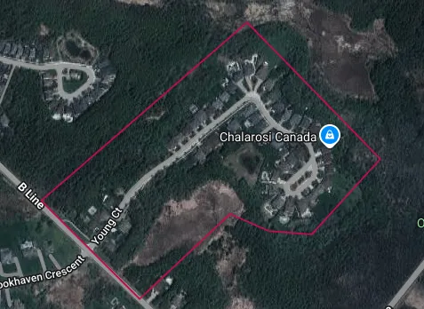 Aerial image of the Credit Springs Estates neighbourhood in Orangeville, Ontario outlined in red