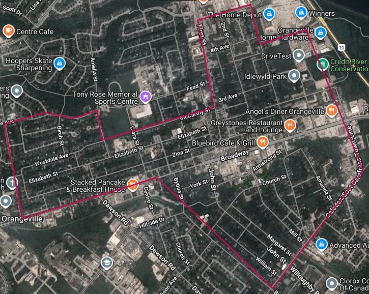 Aerial image of the Downtown Orangeville Ontario, with the neighbourhood outlined in red