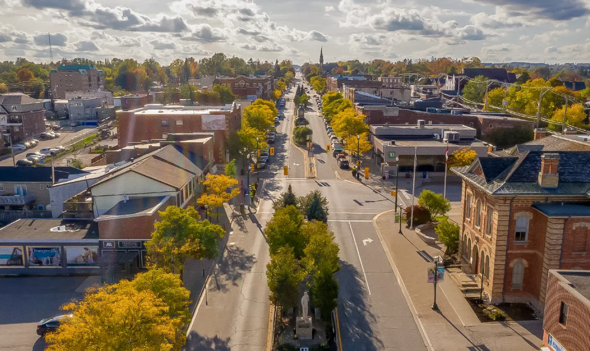 Drone image of Broadway in Orangeville, the centrepiece of Downtown