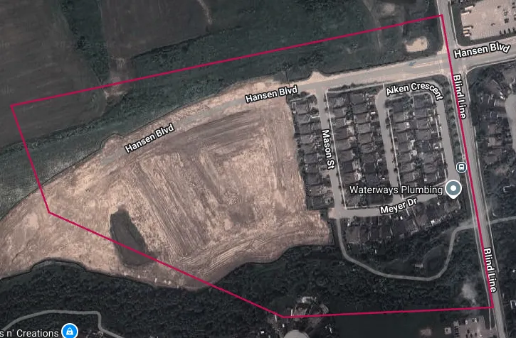 Aerial image of the Edgewood Valley neighbourhood in Orangeville, outlined in red