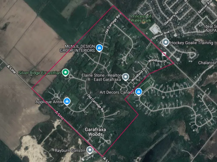 Aerial image of the Garafraxa Woods neighbourhood in East Garafraxa, outlined in red 