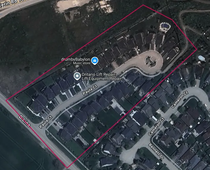 Aerial image of the Highland Ridge neighbourhood in Orangeville, outlined in red