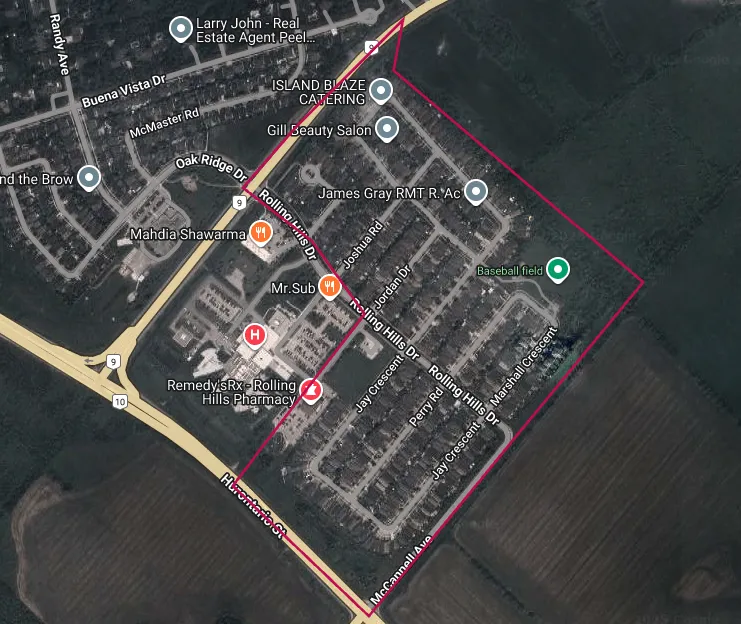 Aerial image of the Hospital Hill neighbourhood in Orangeville, outlined in red