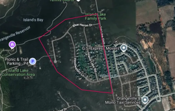 Aerial image of Island Lake Estates in Mono, outlined in red