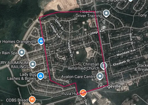 Aerial image of the Kin Corner neighbourhood in Orangeville, outlined in red