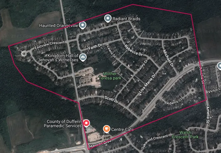 Aerial image of the Lisa Marie Nook neighbourhood in Orangeville, outlined in red